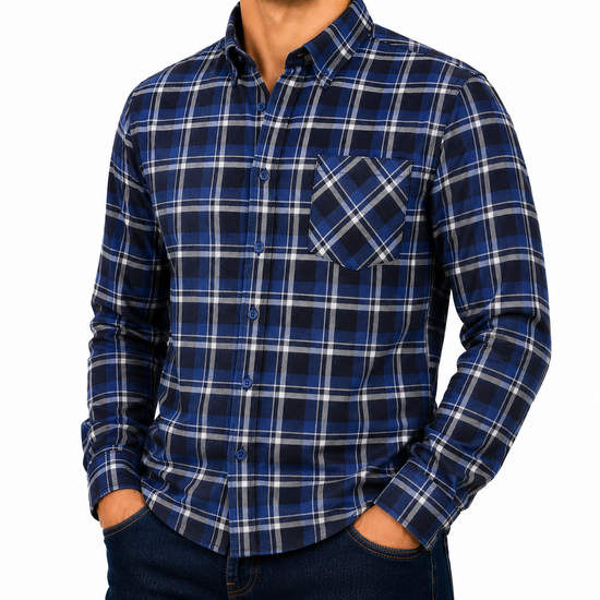 Mens Brushed Cotton Check Shirt Long Sleeve Button Casual Flannel Top - QHA UK