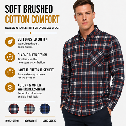 Mens Brushed Cotton Check Shirt Long Sleeve Button Casual Flannel Top - Sleeve Detail - QHA UK