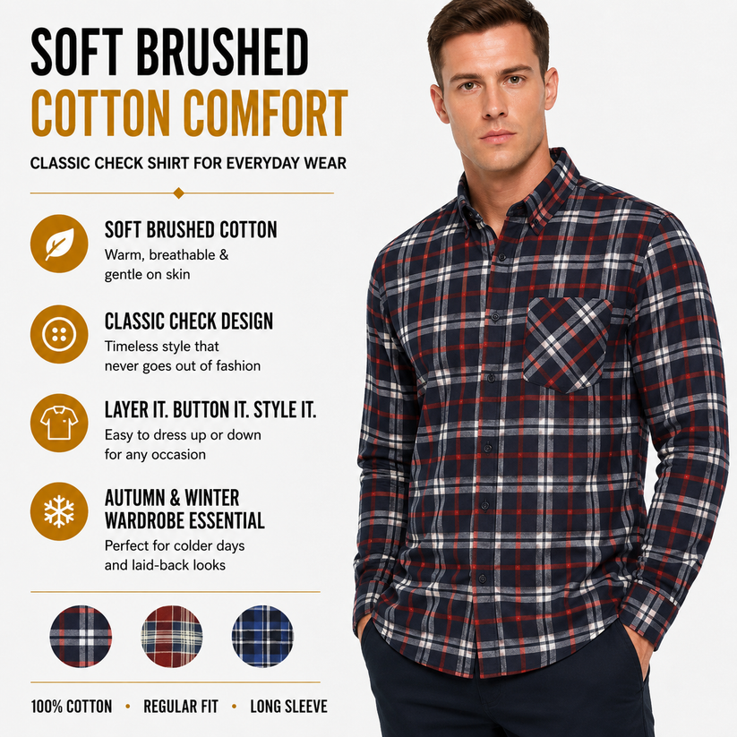 Mens Brushed Cotton Check Shirt Long Sleeve Button Casual Flannel Top - Sleeve Detail - QHA UK