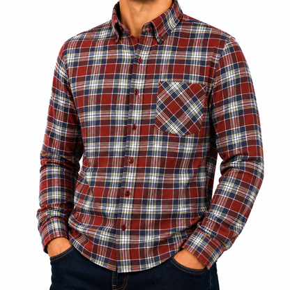 Mens Brushed Cotton Check Shirt Long Sleeve Button Casual Flannel Top - Sleeve Detail - QHA UK