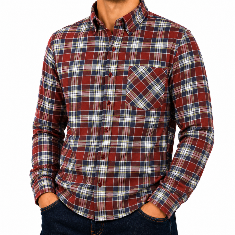 Mens Brushed Cotton Check Shirt Long Sleeve Button Casual Flannel Top - Sleeve Detail - QHA UK