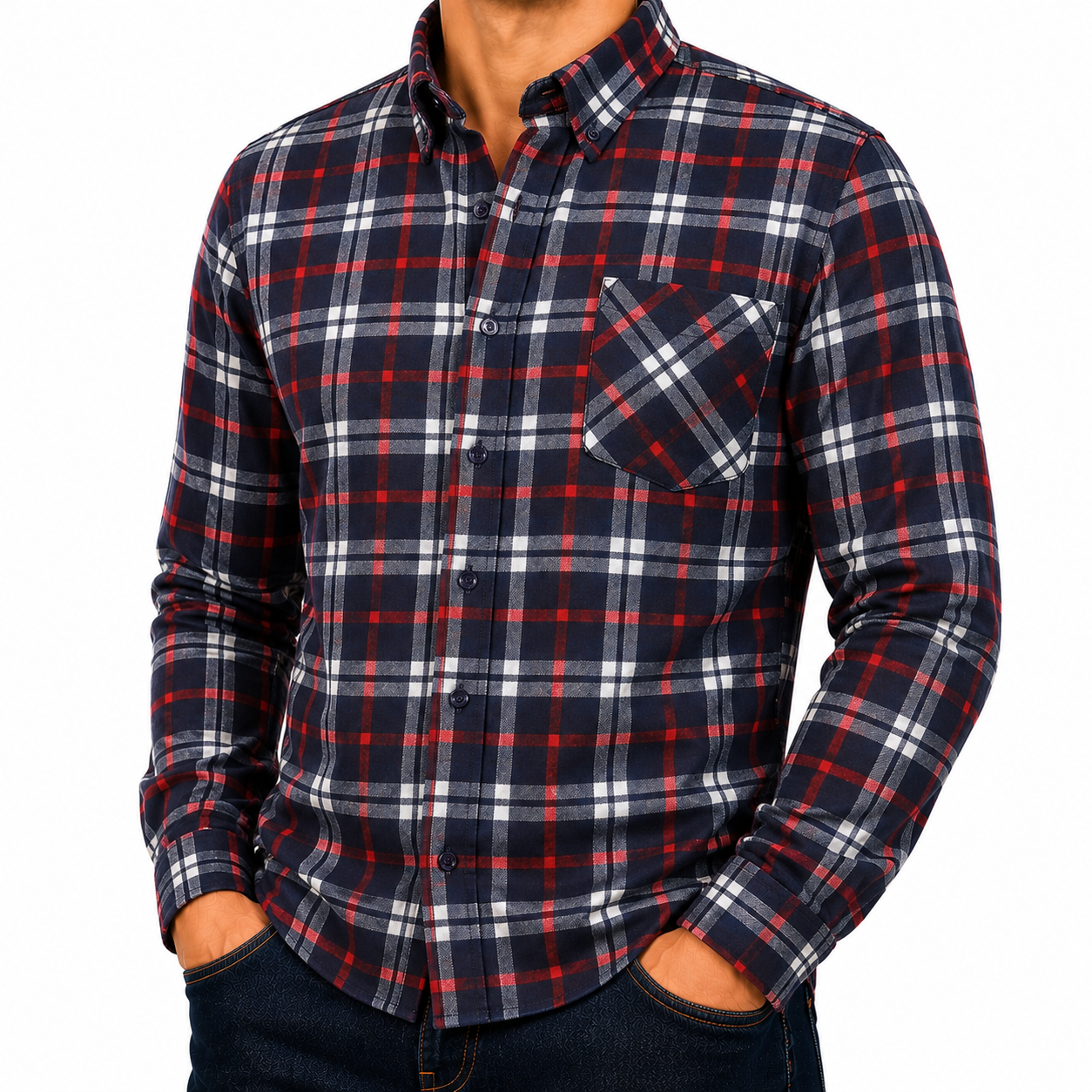 Mens Brushed Cotton Check Shirt Long Sleeve Button Casual Flannel Top - Sleeve Detail - QHA UK