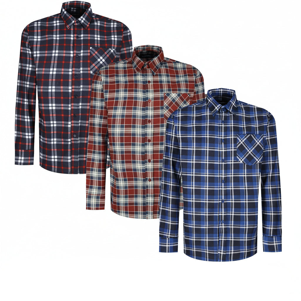 Mens Brushed Cotton Check Shirt Long Sleeve Button Casual Flannel Top - QHA UK
