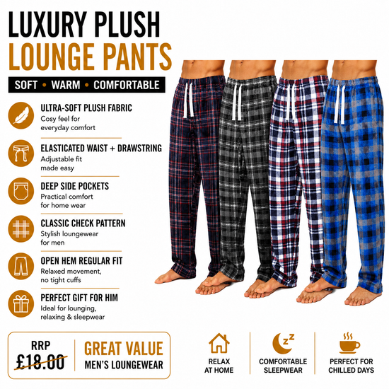 ButtonFresh Men's Plush Check Lounge Pants – Pyjama Bottoms, S-2XL - QHA UK