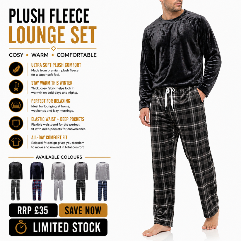 Mens Plush Fleece Lounge Set Pyjama Tracksuit Soft Warm Loungewear - QHA UK