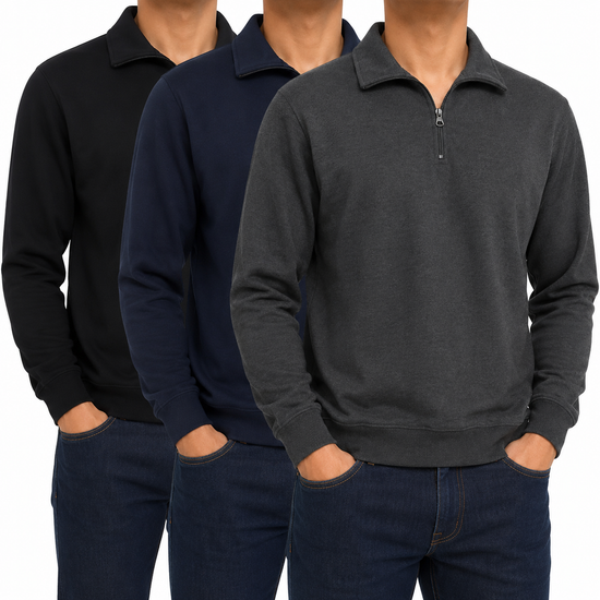 Mens Quarter Zip Sweatshirt Fleece Pullover Work Jumper Cotton Blend | - Zip Detail - QHA UK