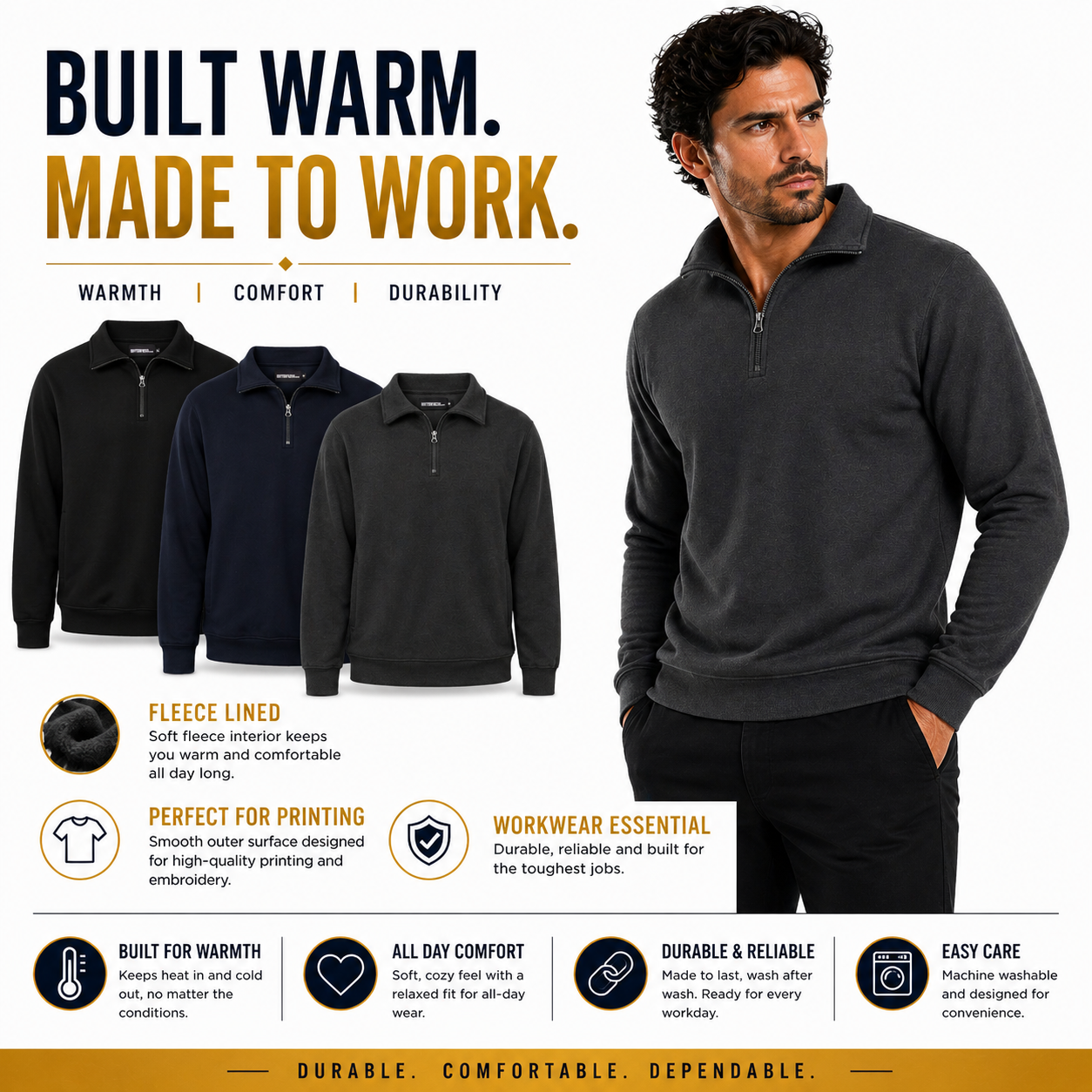 Mens Quarter Zip Sweatshirt Fleece Pullover Work Jumper Cotton Blend | - Zip Detail - QHA UK