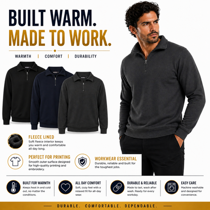 Mens Quarter Zip Sweatshirt Fleece Pullover Work Jumper Cotton Blend | - Zip Detail - QHA UK