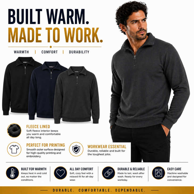 Mens Quarter Zip Sweatshirt Fleece Pullover Work Jumper Cotton Blend | - Zip Detail - QHA UK