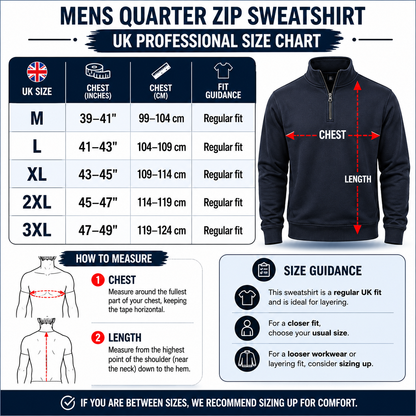 Mens Quarter Zip Sweatshirt Fleece Pullover Work Jumper Cotton Blend | - Zip Detail - QHA UK