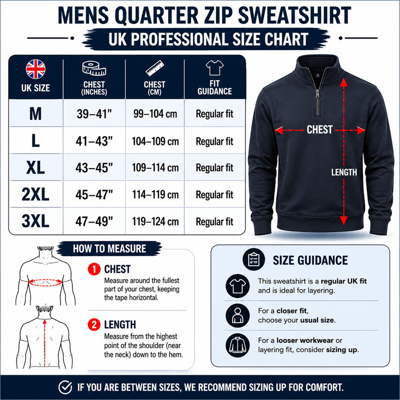 Mens Quarter Zip Sweatshirt Fleece Pullover Work Jumper Cotton Blend | - Zip Detail - QHA UK