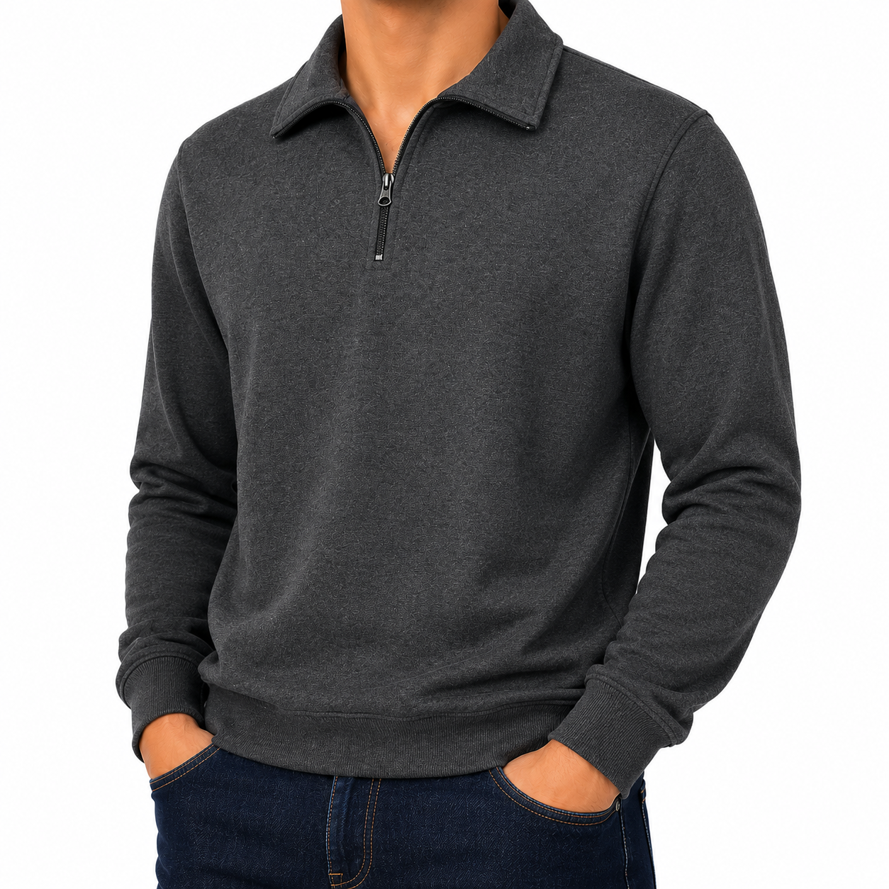 Mens Quarter Zip Sweatshirt Fleece Pullover Work Jumper Cotton Blend | - Zip Detail - QHA UK