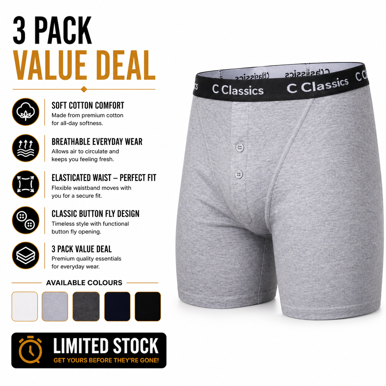 C Classics Mens 3 Pack Boxer Shorts Button Fly Cotton Rich Comfort Fit - QHA UK