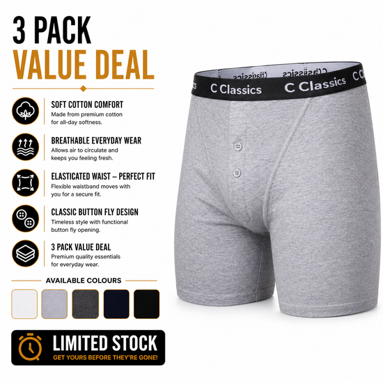 C Classics Mens 3 Pack Boxer Shorts Button Fly Cotton Rich Comfort Fit - QHA UK