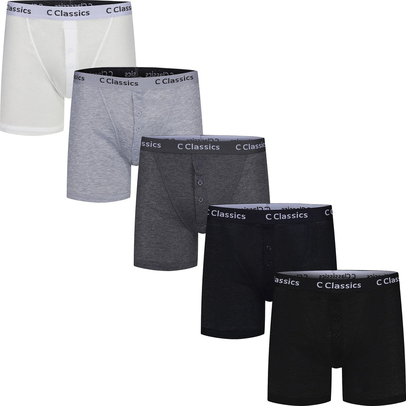 C Classics Mens 3 Pack Boxer Shorts Button Fly Cotton Rich Comfort Fit - Button Detail - QHA UK
