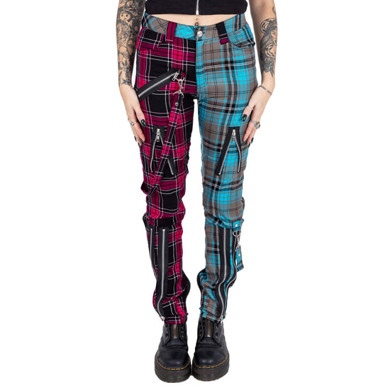 Chemical Black Women's Punk Trousers Azaria Pink and Blue Tartan - QHA UK