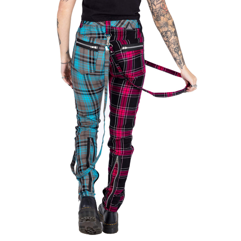 Chemical Black Women's Punk Trousers Azaria Pink and Blue Tartan - QHA UK