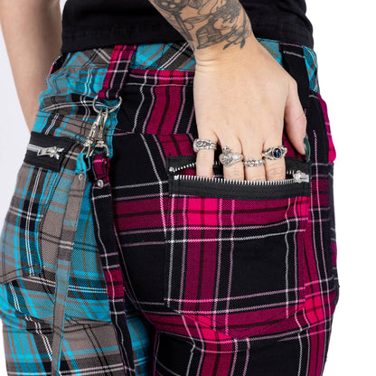 Chemical Black Women's Punk Trousers Azaria Pink and Blue Tartan - QHA UK
