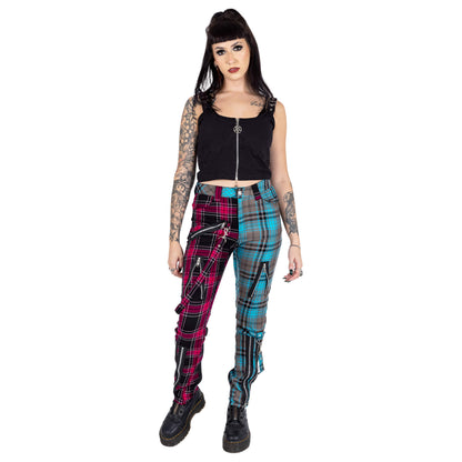 Chemical Black Women's Punk Trousers Azaria Pink and Blue Tartan - QHA UK