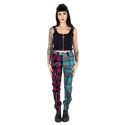 Chemical Black Women's Punk Trousers Azaria Pink and Blue Tartan - QHA UK