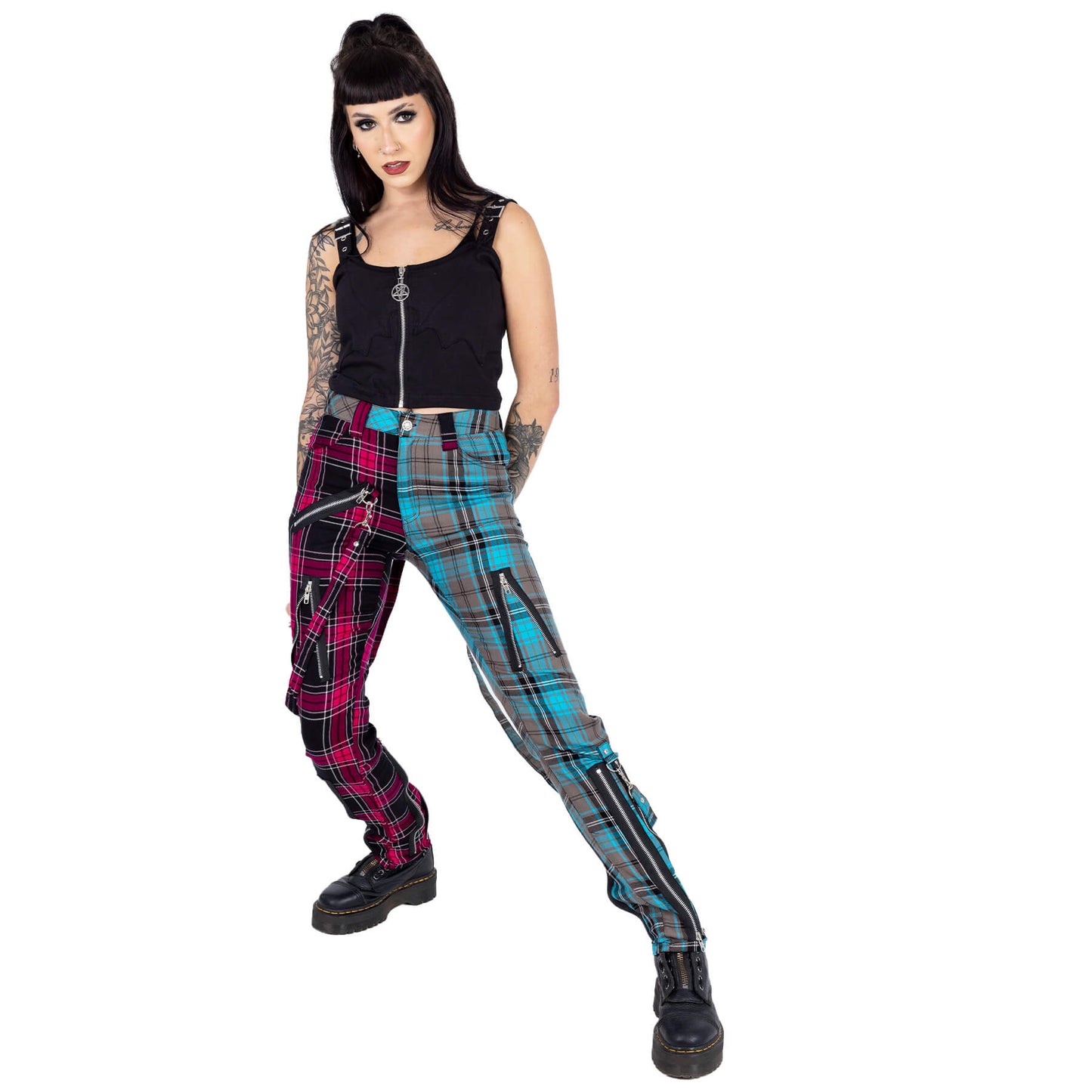 Chemical Black Women's Punk Trousers Azaria Pink and Blue Tartan - QHA UK