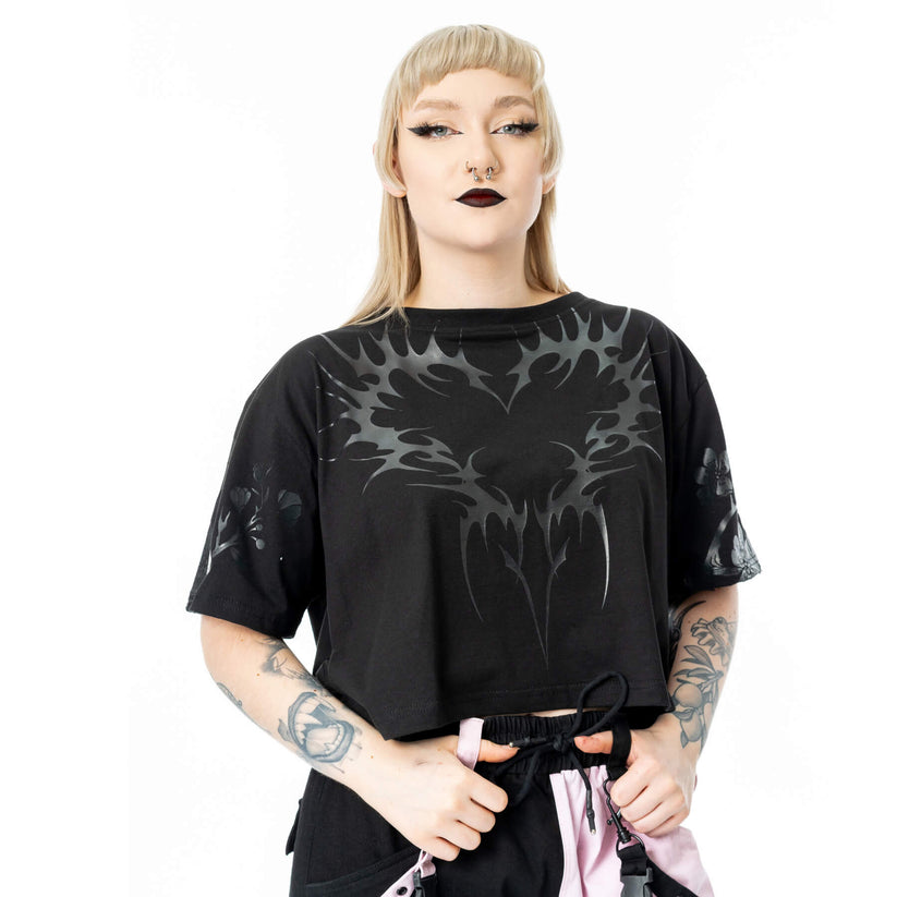 Chemical Black Women's Gothic Crop Top Ceil Black Cotton Tee UK 10-18 - QHA UK