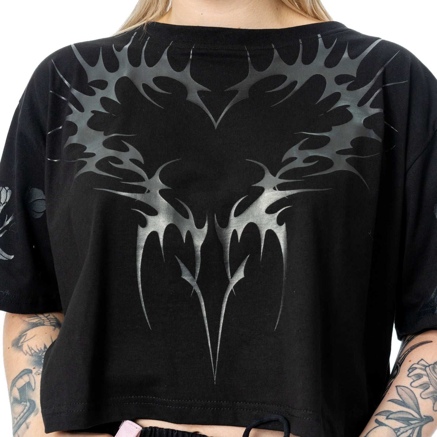 Chemical Black Women's Gothic Crop Top Ceil Black Cotton Tee UK 10-18 - QHA UK