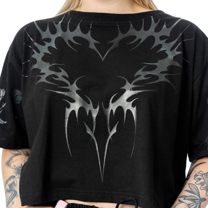 Chemical Black Women's Gothic Crop Top Ceil Black Cotton Tee UK 10-18 - QHA UK