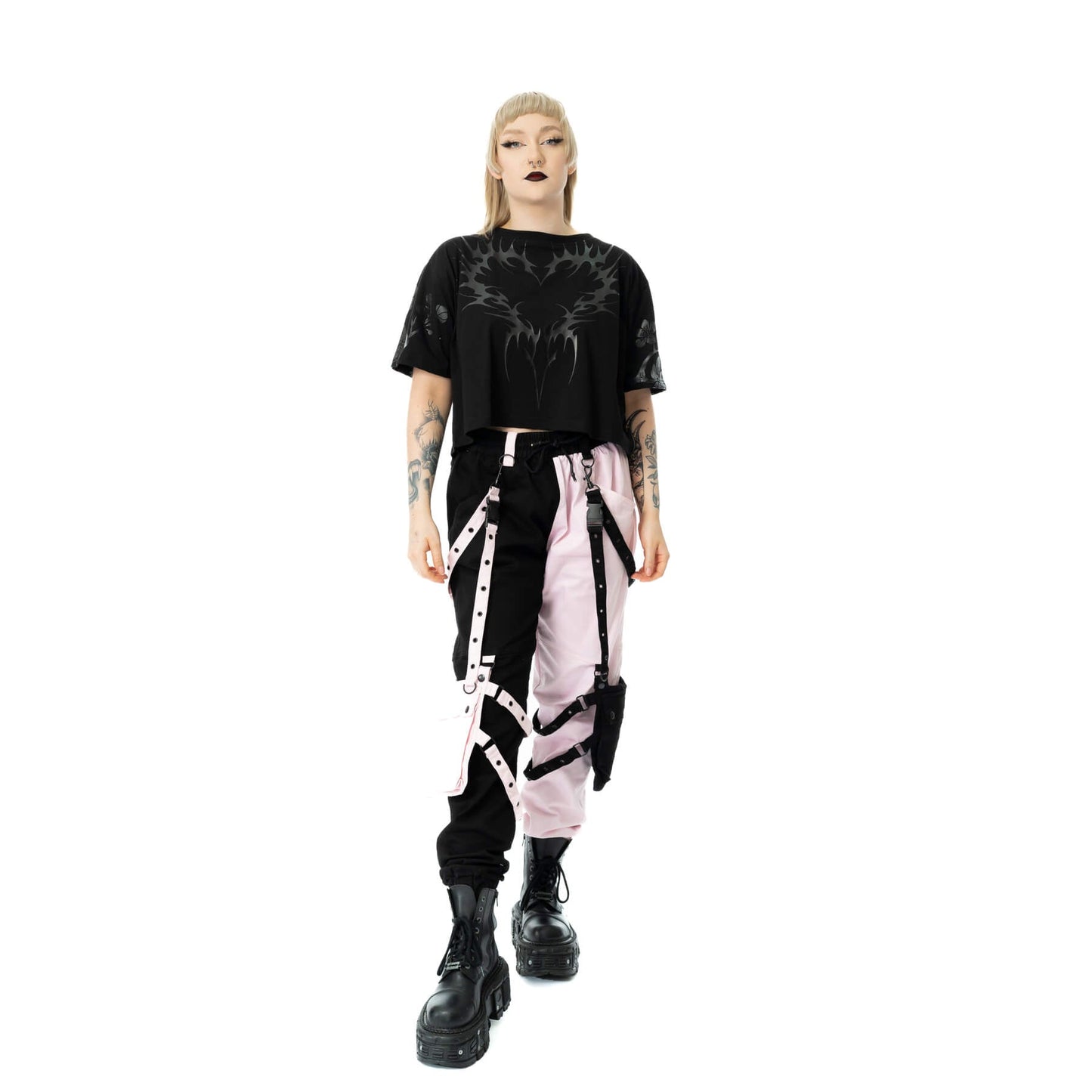 Chemical Black Women's Gothic Crop Top Ceil Black Cotton Tee UK 10-18 - QHA UK