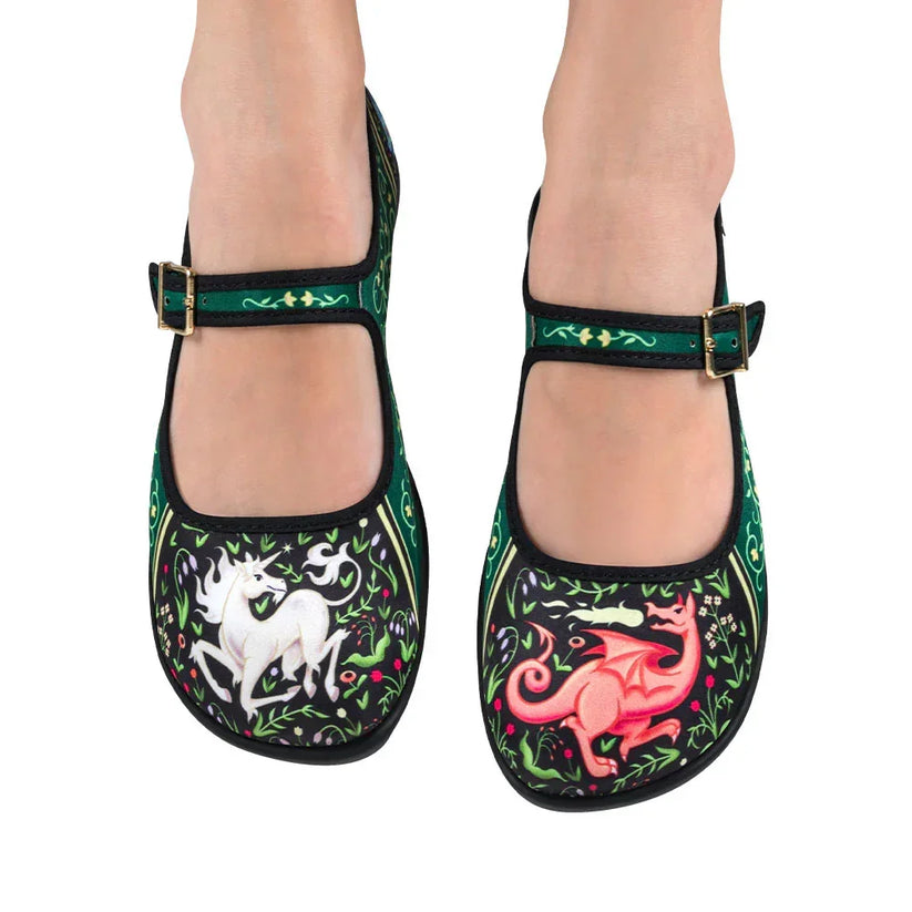 Chocolaticas Women's Mary Jane Flats Medieval Bestiary Mary Jane Flat - Model Wearing Product - QHA UK