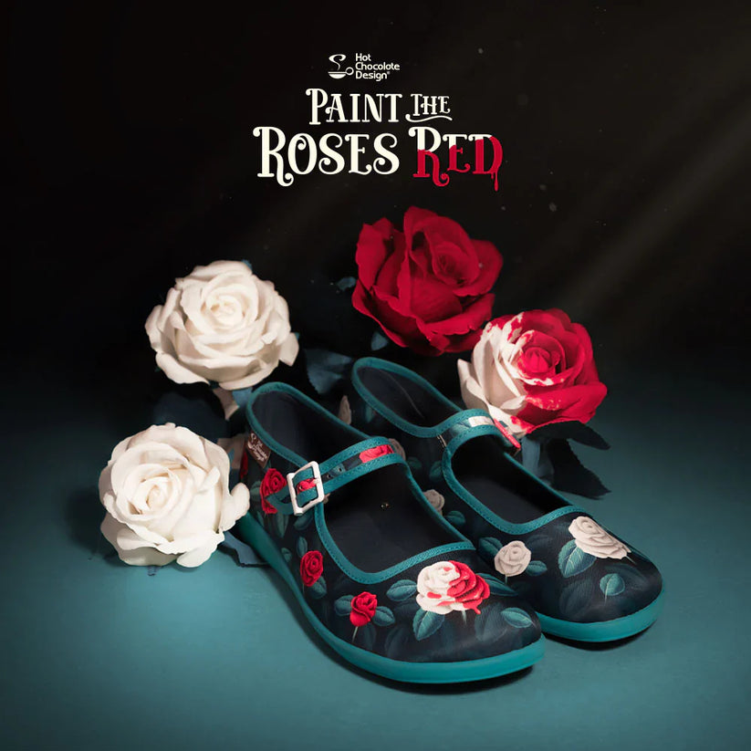 Chocolaticas Gothic Mary Jane Flats Paint the Roses Red Floral - QHA UK