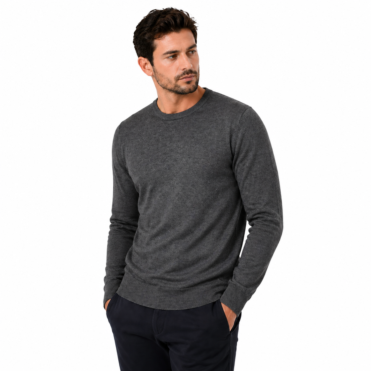 Mens Crew Neck Jumper Lightweight Knit Pullover Soft Casual Sweater - Collar Detail - QHA UK
