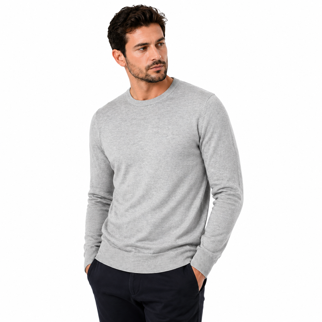 Mens Crew Neck Jumper Lightweight Knit Pullover Soft Casual Sweater - Collar Detail - QHA UK