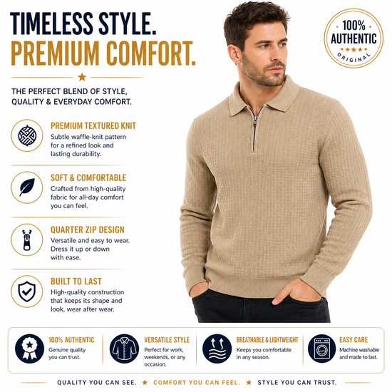 Contempo Mens Half Zip Polo Jumper Ribbed Knit Stretch Long Sleeve Cas - QHA UK