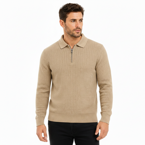 Contempo Men's Half Zip Ribbed Knit Polo Jumper | Stretch Long Sleeve Top
