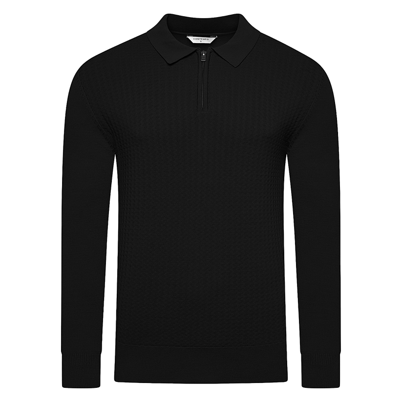 Contempo Mens Half Zip Polo Jumper Ribbed Knit Stretch Long Sleeve Cas - Sleeve Detail - QHA UK