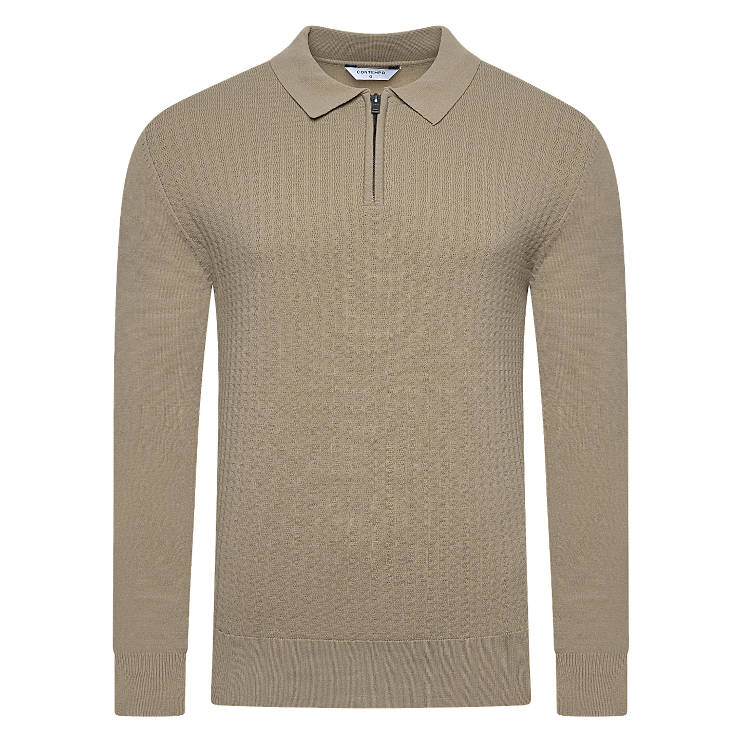 Contempo Mens Half Zip Polo Jumper Ribbed Knit Stretch Long Sleeve Cas - Sleeve Detail - QHA UK