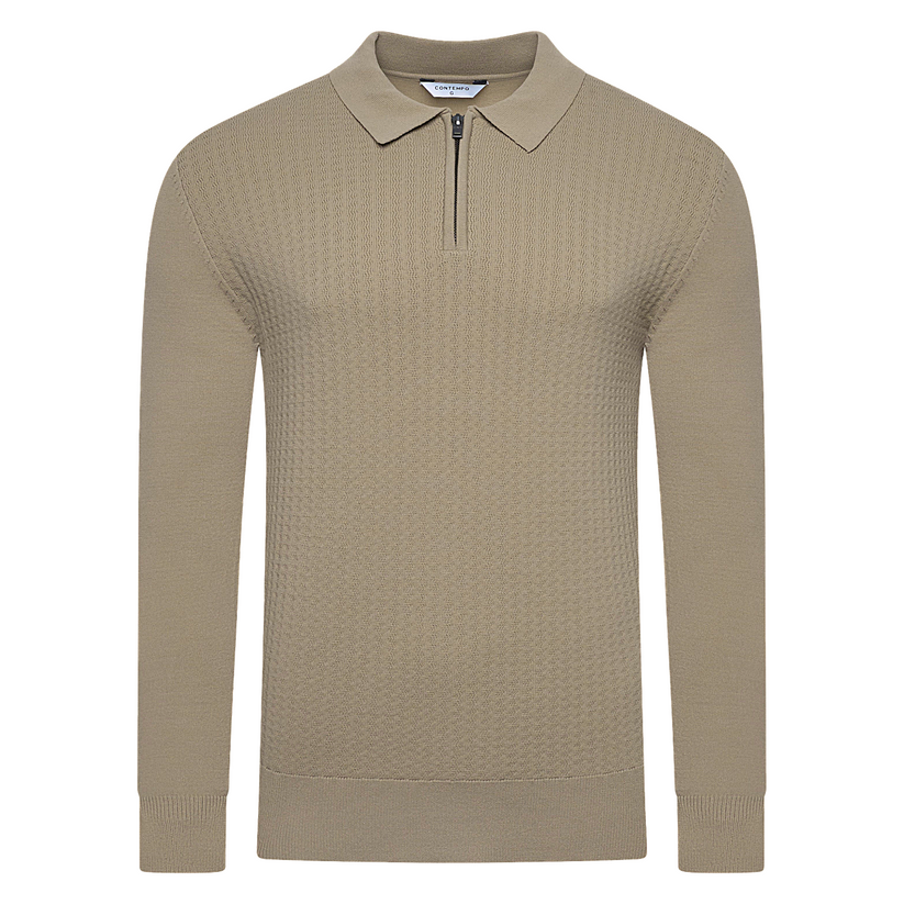 Contempo Mens Half Zip Polo Jumper Ribbed Knit Stretch Long Sleeve Cas - Sleeve Detail - QHA UK