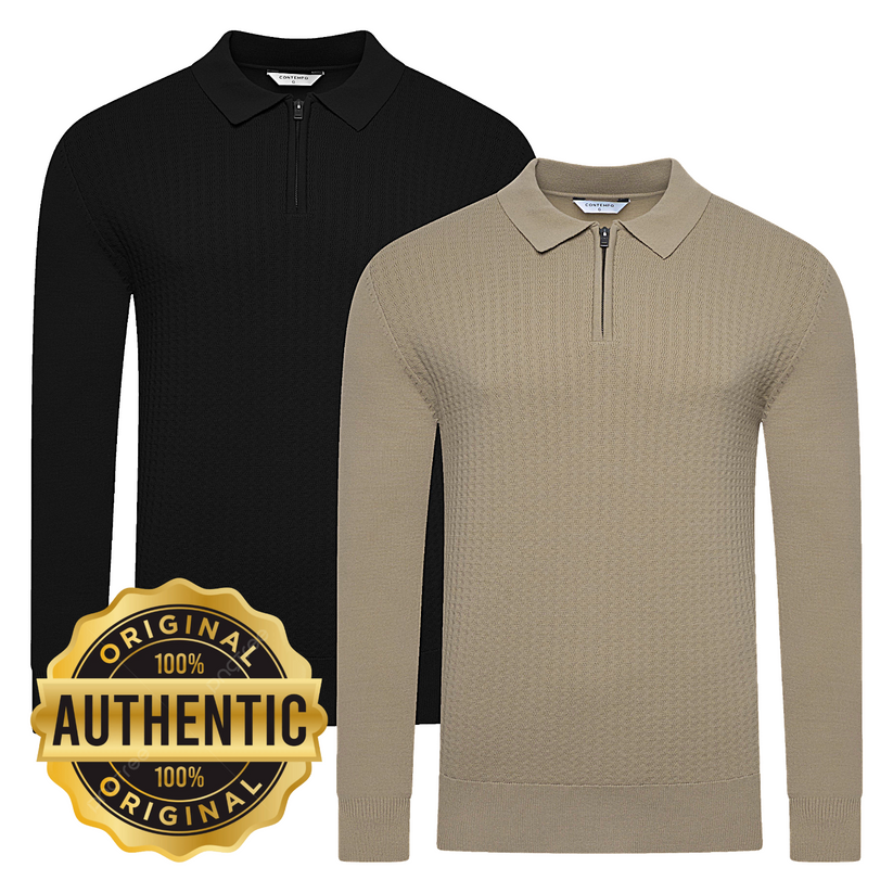Contempo Mens Half Zip Polo Jumper Ribbed Knit Stretch Long Sleeve Cas - Sleeve Detail - QHA UK