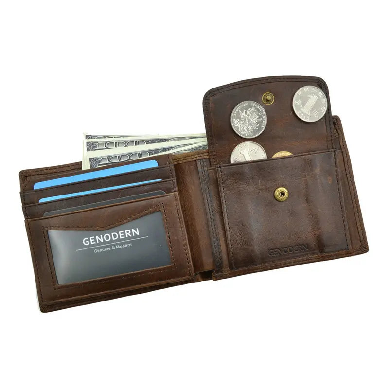 Mens Genuine Cow Leather Wallet Vintage Coin Pocket Card Holder Brown - QHA UK