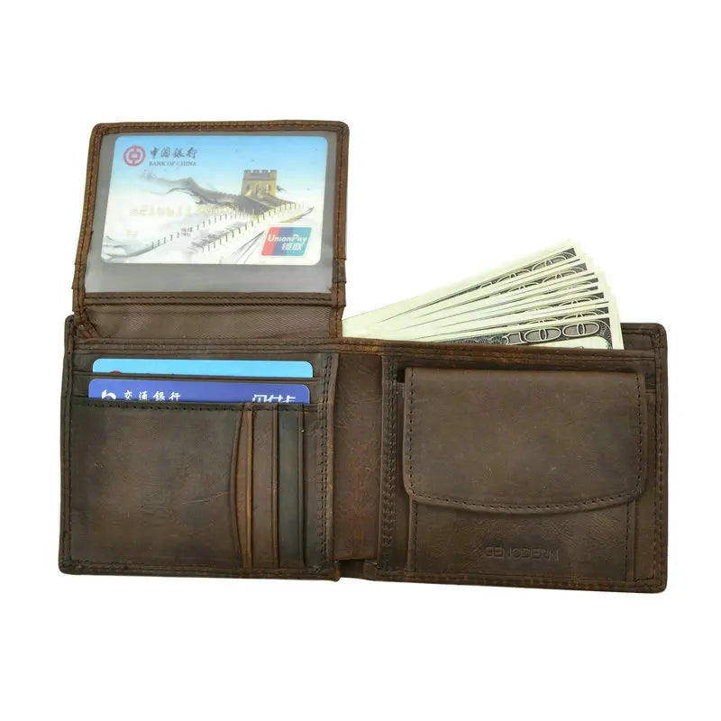 Mens Genuine Cow Leather Wallet Vintage Coin Pocket Card Holder Brown - Pocket Detail - QHA UK