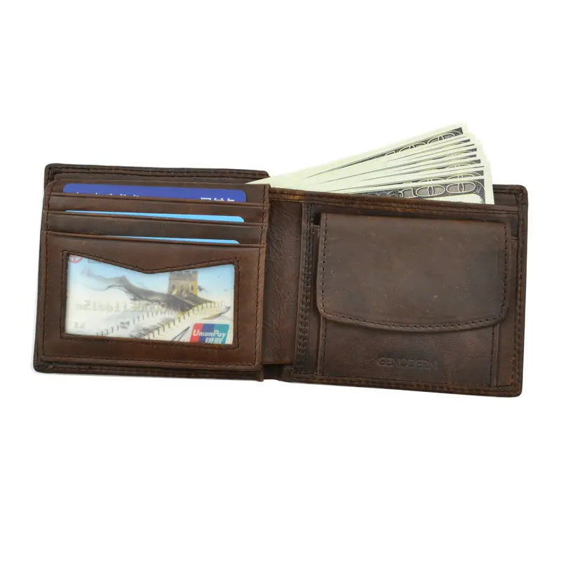 Mens Genuine Cow Leather Wallet Vintage Coin Pocket Card Holder Brown - Pocket Detail - QHA UK