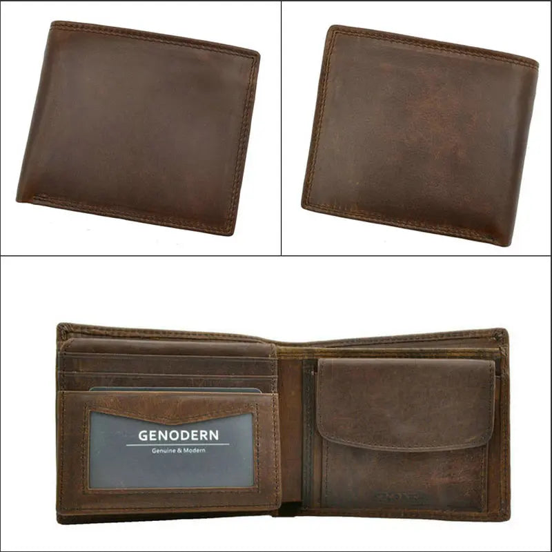 Mens Genuine Cow Leather Wallet Vintage Coin Pocket Card Holder Brown - Pocket Detail - QHA UK