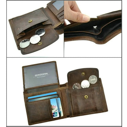 Mens Genuine Cow Leather Wallet Vintage Coin Pocket Card Holder Brown - Pocket Detail - QHA UK