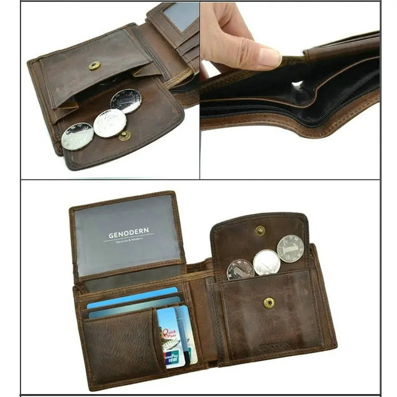 Mens Genuine Cow Leather Wallet Vintage Coin Pocket Card Holder Brown - Pocket Detail - QHA UK