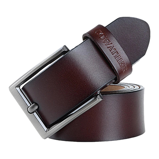 Mens Genuine Cowhide Leather Belt Vintage Plate Buckle Jeans Belt XF00 - Buckle Detail - QHA UK