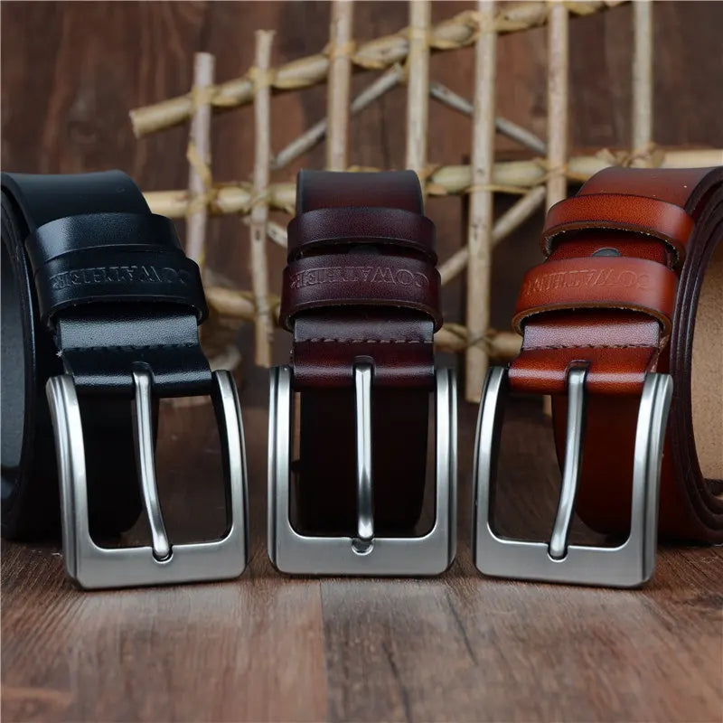 Mens Genuine Cowhide Leather Belt Vintage Plate Buckle Jeans Belt XF00 - Buckle Detail - QHA UK