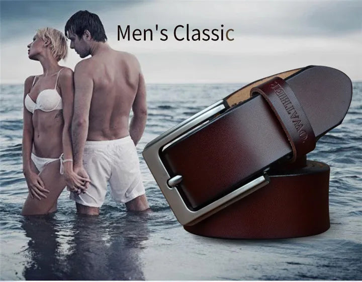 Mens Genuine Cowhide Leather Belt Vintage Plate Buckle Jeans Belt XF00 - Buckle Detail - QHA UK