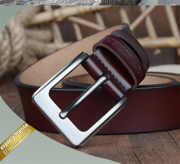 Mens Genuine Cowhide Leather Belt Vintage Plate Buckle Jeans Belt XF00 - Buckle Detail - QHA UK