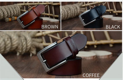 Mens Genuine Cowhide Leather Belt Vintage Plate Buckle Jeans Belt XF00 - Buckle Detail - QHA UK